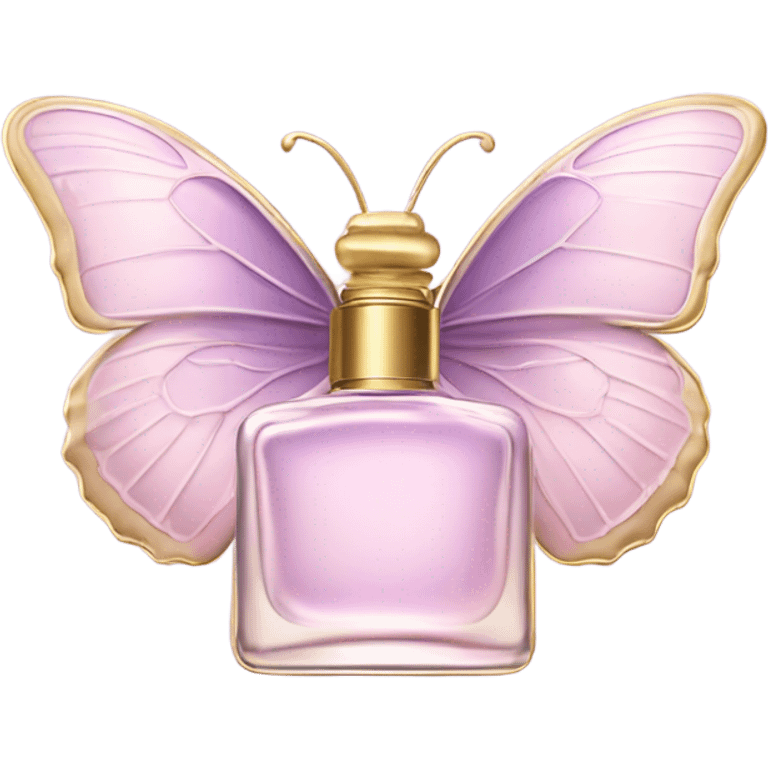  pastel pink butterfly resting on an elegant lavender perfume bottle with gold details. emoji