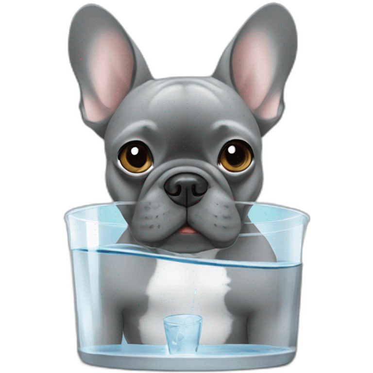 grey french bulldog drinking water with a glass emoji