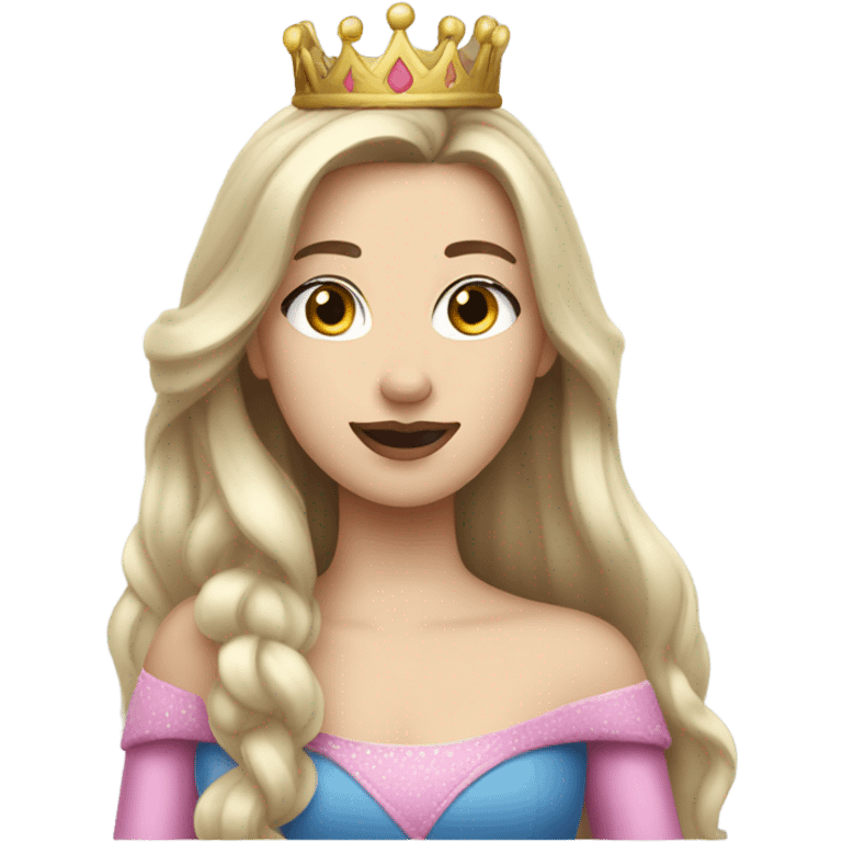 Princess- Fair skin- Long dark hair- crown- blue dress- pink lips emoji