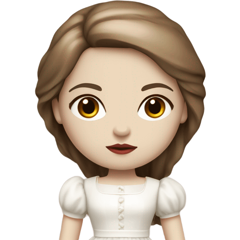 Doll with brown straight hair, wearing a white dress with red details and a serious expression. She has pale skin and a classic porcelain doll appearance. emoji