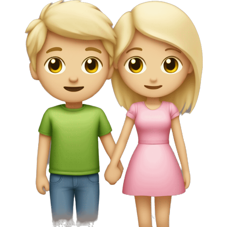 A couple, a cute girl with blonde hair and green eyes holding hands with a cute boy with brown spiky hair and a pink heart in between them emoji