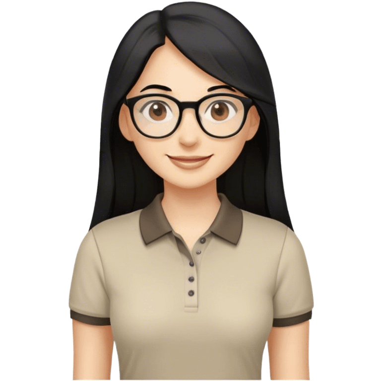 female teacher, long black hair with some grey, wearing round eyeglasses. Brown eyes. Wearing a polo shirt. Smiling emoji