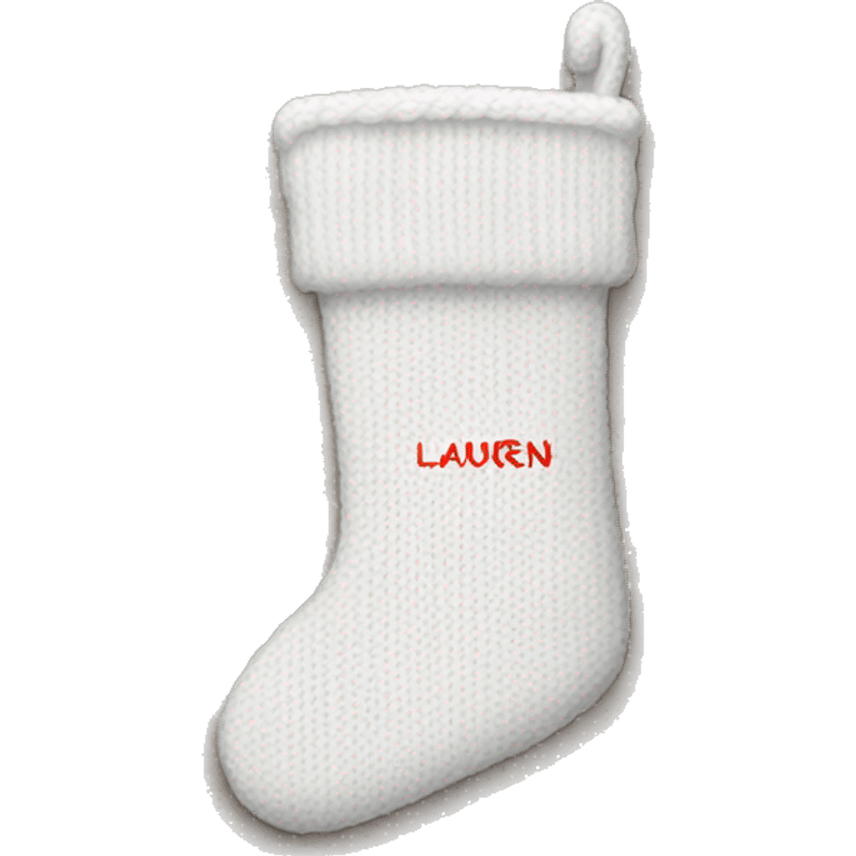 white knit christmas stocking with the name lauren written on it  emoji