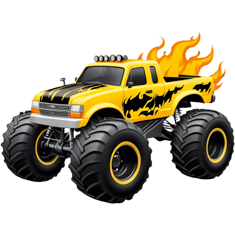 Maximum Destruction - Monster Jam (Model Year: 2021) (Iconic colour: Yellow with black flames) - A ferocious monster truck featuring a vivid yellow base accented by dramatic black flame patterns. Emphasize sharp, high-contrast flame streaks across the body, creating a look of aggressive, explosive energy. emoji