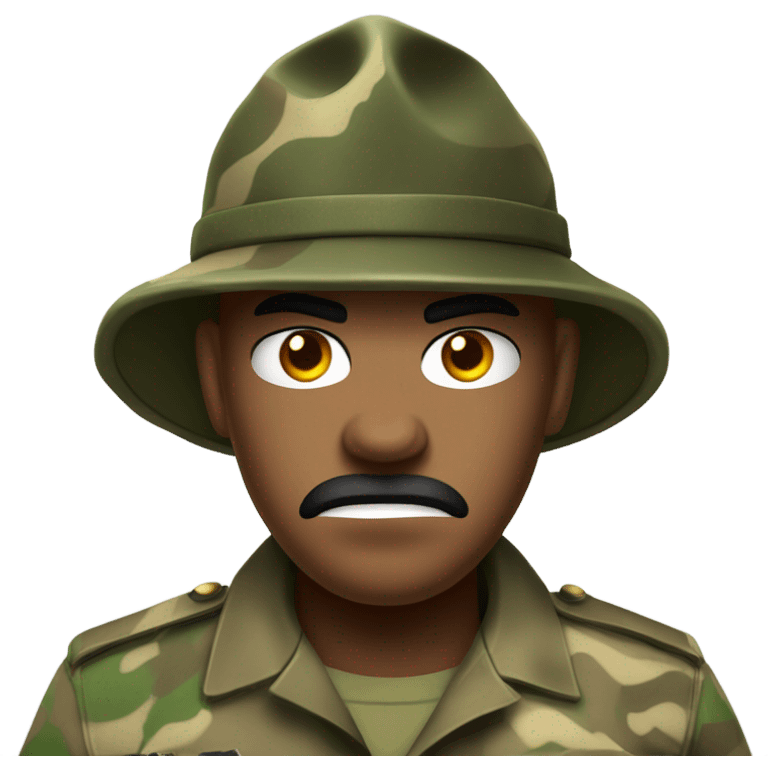 drill sergeant character wearing a classic sergeant hat and a camouflage army shirt. The character should have an angry intense expression. full torso emoji