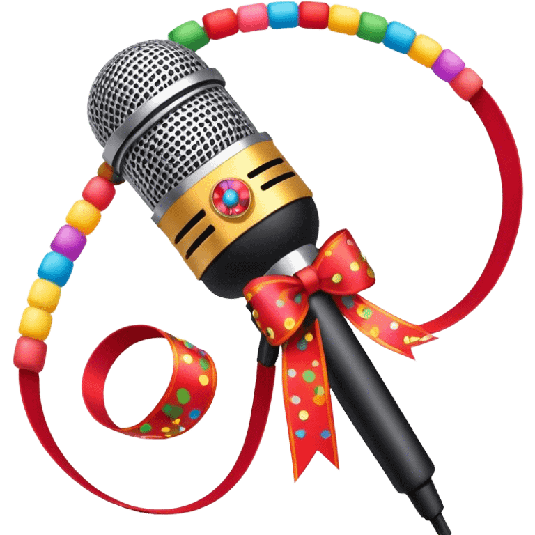 Create a vibrant and dynamic emoji that represents pop vocal performance without people. The design should feature a close-up of a classic stage microphone (retro-style) with a lanyard, set against a stage background. Add concert lighting, a celebratory salute of confetti or fireworks in the background, and musical notes forming a ribbon, symbolizing the performance and creativity of pop vocals. Include subtle elements like a formal stage costume to emphasize the professional aspect. Use bright, bold colors like gold, red, and neon to reflect the energetic and glamorous nature of pop vocal performance. The background should be transparent. emoji