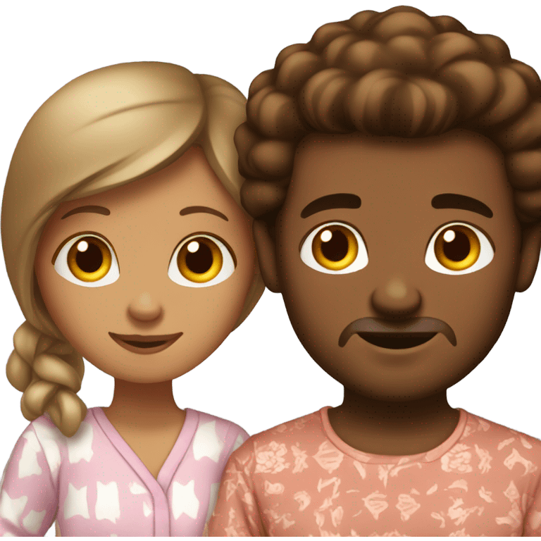 White man and brown-skinned woman in matching pajamas emoji