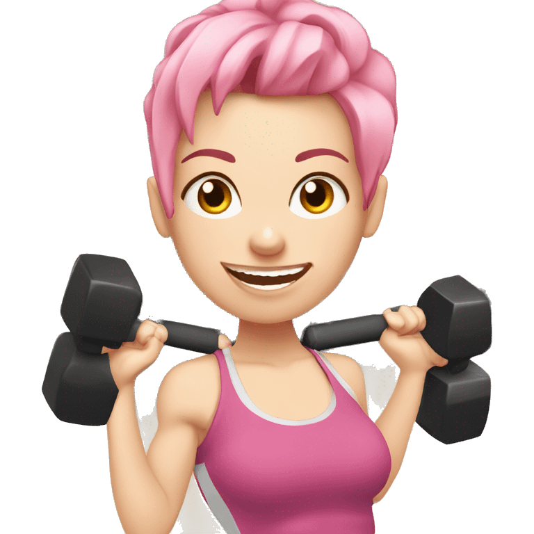 White Girl with dumbbells at gym and pink hair ( long)  emoji