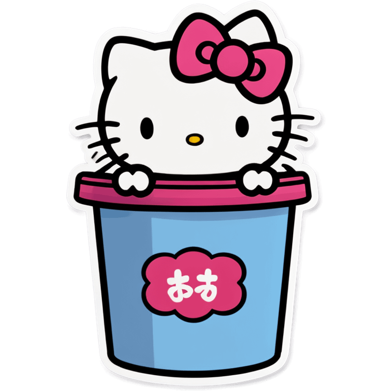 A trash bin that says GOODBYEEEE with hello Kitty in it emoji