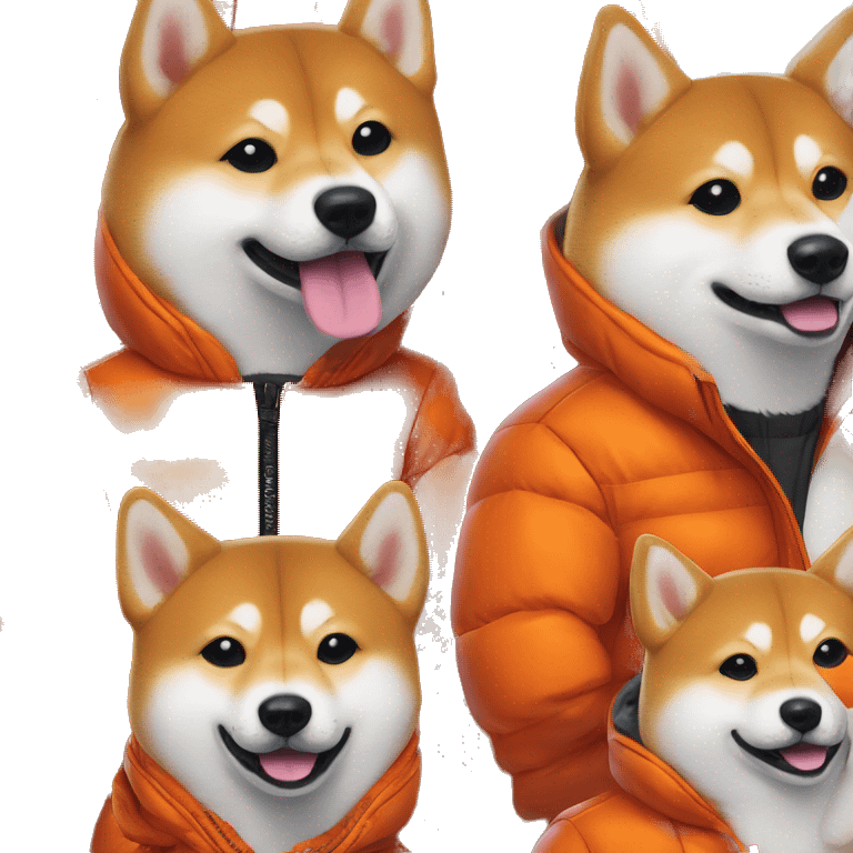 Shiba inu wearing vibrant orange puffer long sleeve jacket portrait emoji