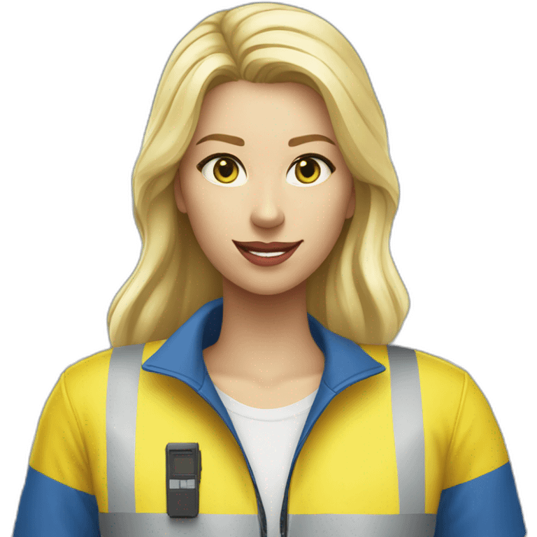 Ikea coworker blond woman blue stripes t-shirt and yellow security vest scanning palets emoji