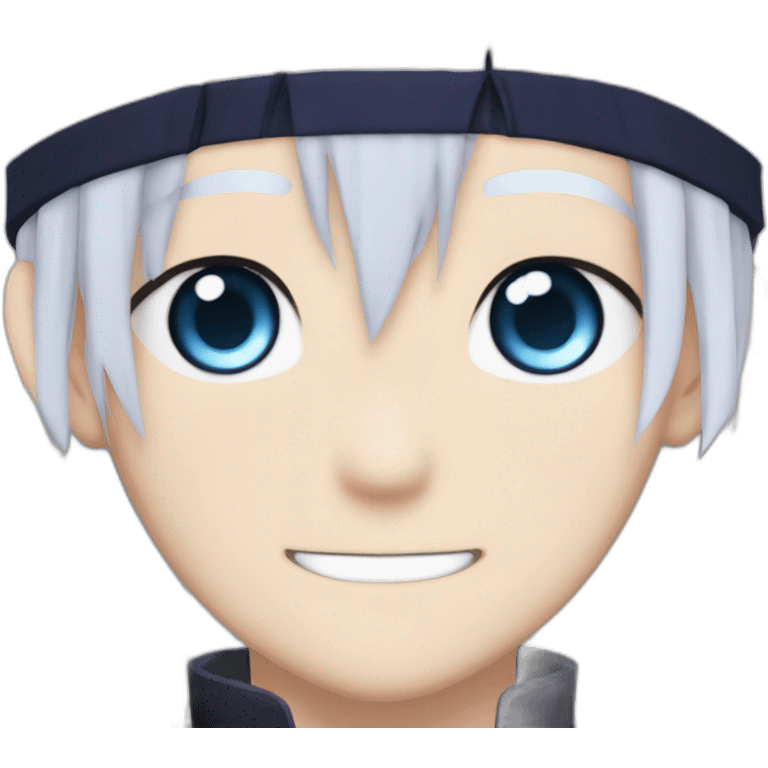 Satoru Gojo with his blue eyes,long medium white hair, a big friendly smile, dark violet uniform from jujutsu kaisen emoji