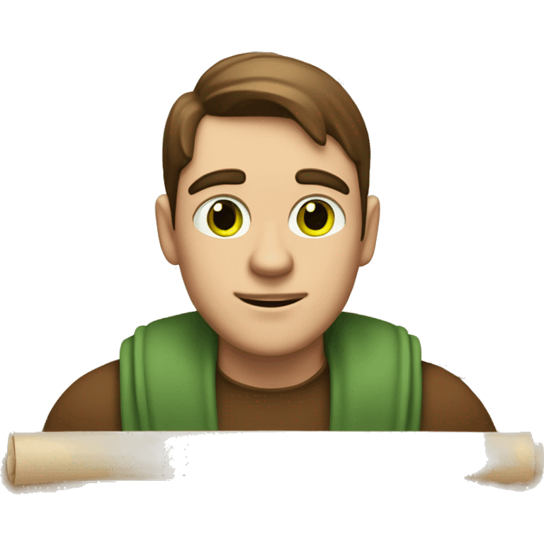 a light-skinned green-eyed man with brown hair sitting in front of the paper scroll  emoji