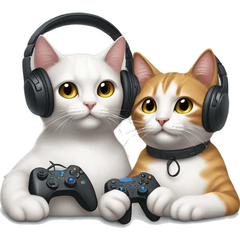 two cats gaming with headsets on and controllers in their paws emoji