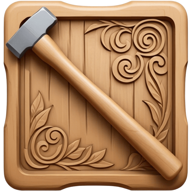 Carving icon, detailed wood or stone carving in progress, carving tools like chisels, mallet, visible texture and patterns, minimalistic style, clean lines, transparent background. emoji