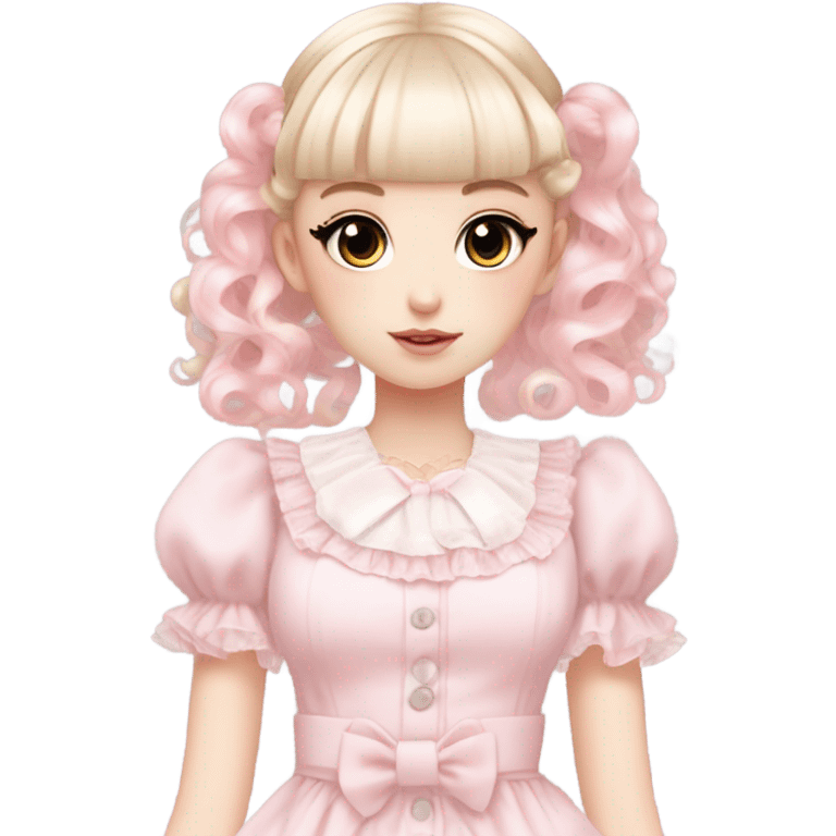 pale girl , who has curly medium length blonde and baby pink swirled hair with bangs , grey eyes , and doll like makeup , in a light pink lolita hime gyaru dress emoji