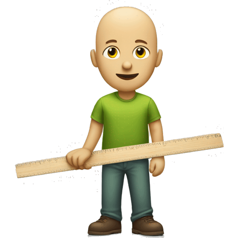 Yellow bald guy wearing green shirt holding a wooden ruler red lips. emoji