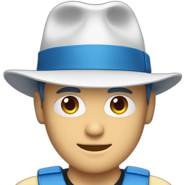 white man with blue/black high tech gear on face and with fedora hat emoji