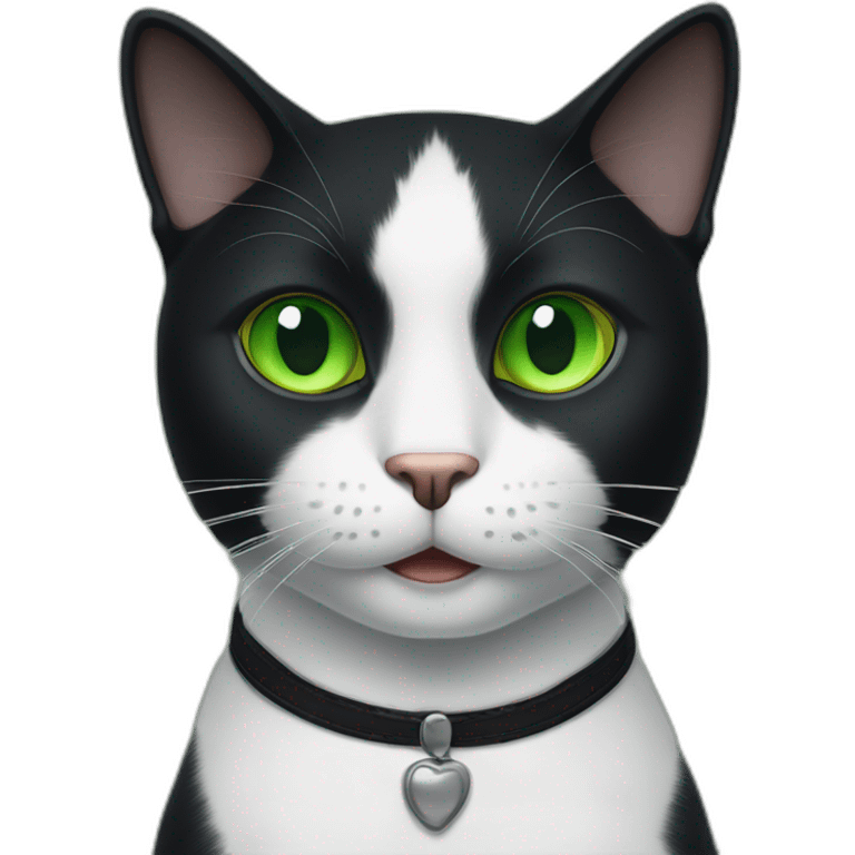 A black cat with green eyes with a white mustache, a white stripe on its nose, a full-length white breast and white paws emoji