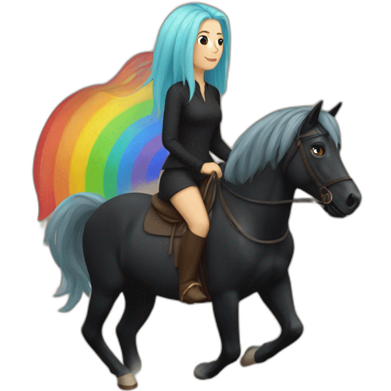 Woman whit rainbow hair riding a black horse emoji