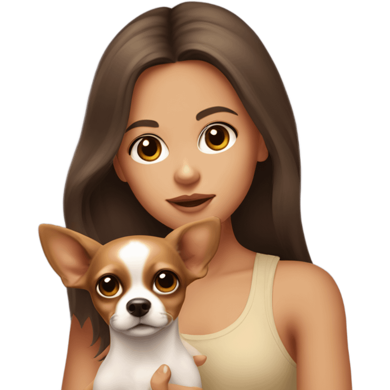 A girl with long brown hair, big brown eyes, big lips wearing a singlet top, she is holding a fawn coloured chihuahua emoji