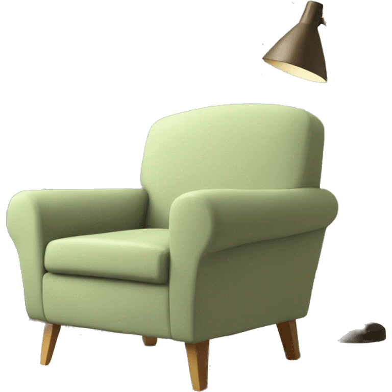 Beige Armchair - Sage green blanket - book emoji