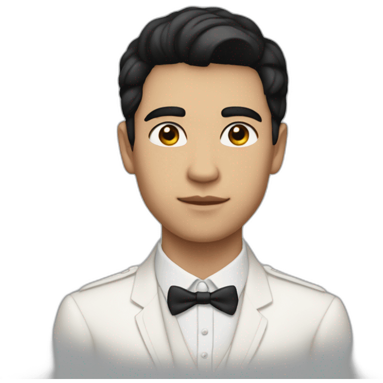 young man with black hair, light white skin colour, formal dress, and a focused face emoji