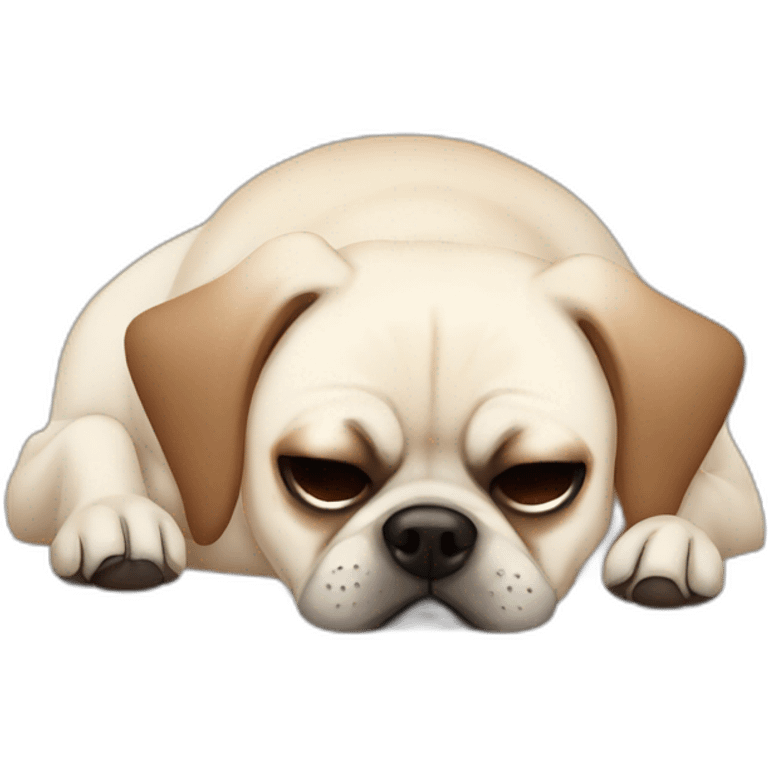 White Puggle with brown ears sleeping on bed emoji