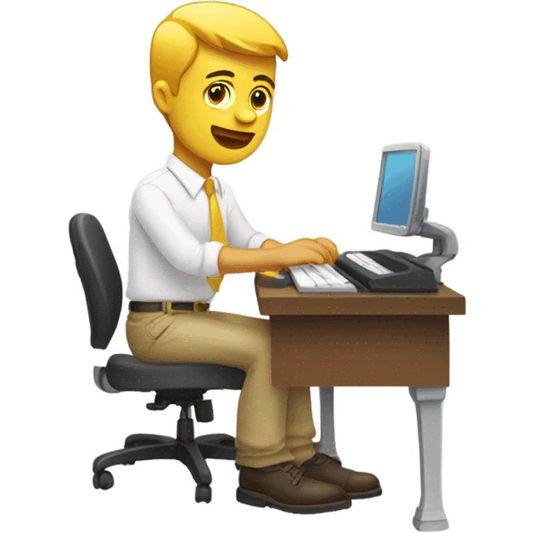 yellow skin man using white keyboard on desk wearing white button down shirt front view emoji