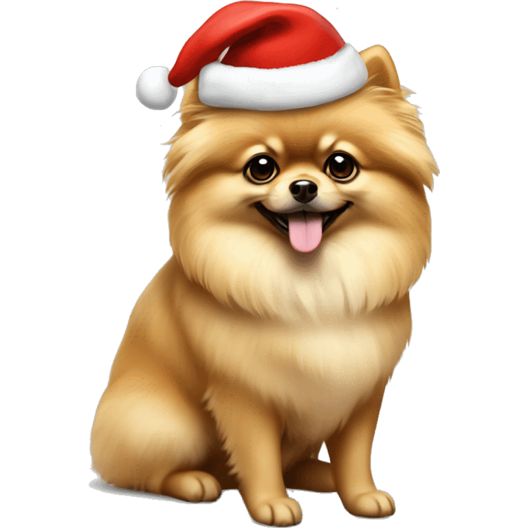 Beige Pomeranian with Christmas hat full body emoji