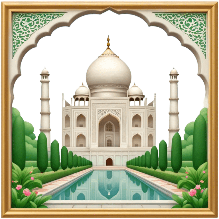 Cinematic Realistic Taj Mahal Landmark Emoji, depicted as the iconic marble mausoleum set amidst lush gardens rendered with intricate detail and ethereal, soft lighting. emoji