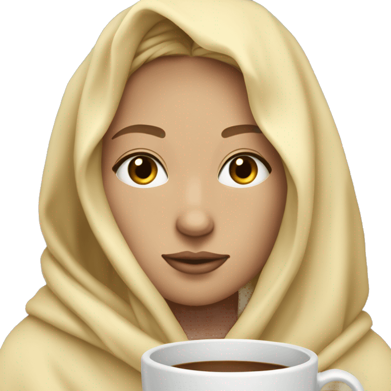 Blonde hair long  tan skin  black eyes inside a blanket sipping coffee eyes closed emoji