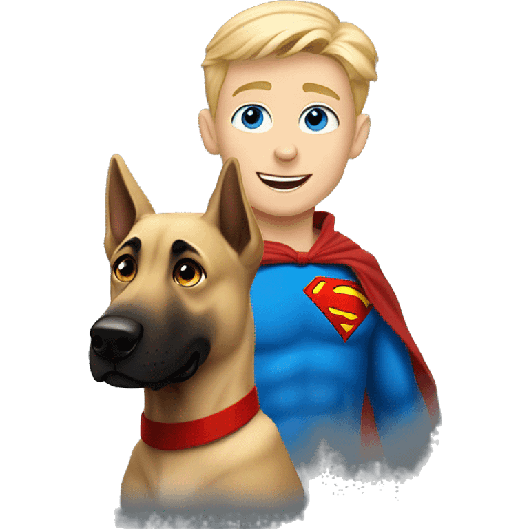 blond boy with blue eyes flying with his malinois dog superman emoji