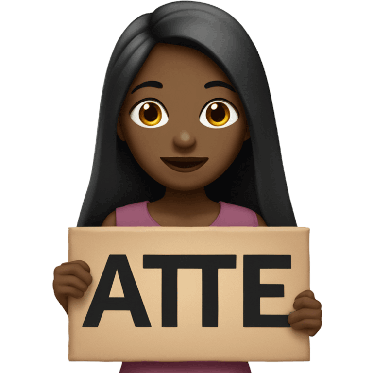 A brown skin girl with black long straight hair holding a sign that says "ate" emoji