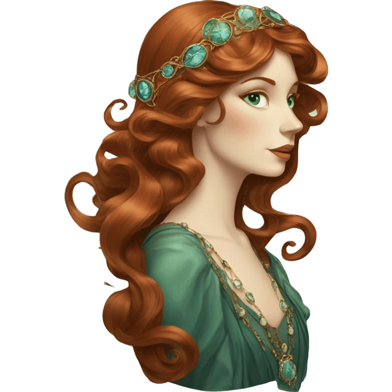 Art Nouveau lady with long swirling redbrown hair, bluegreen eyes, jewels emoji