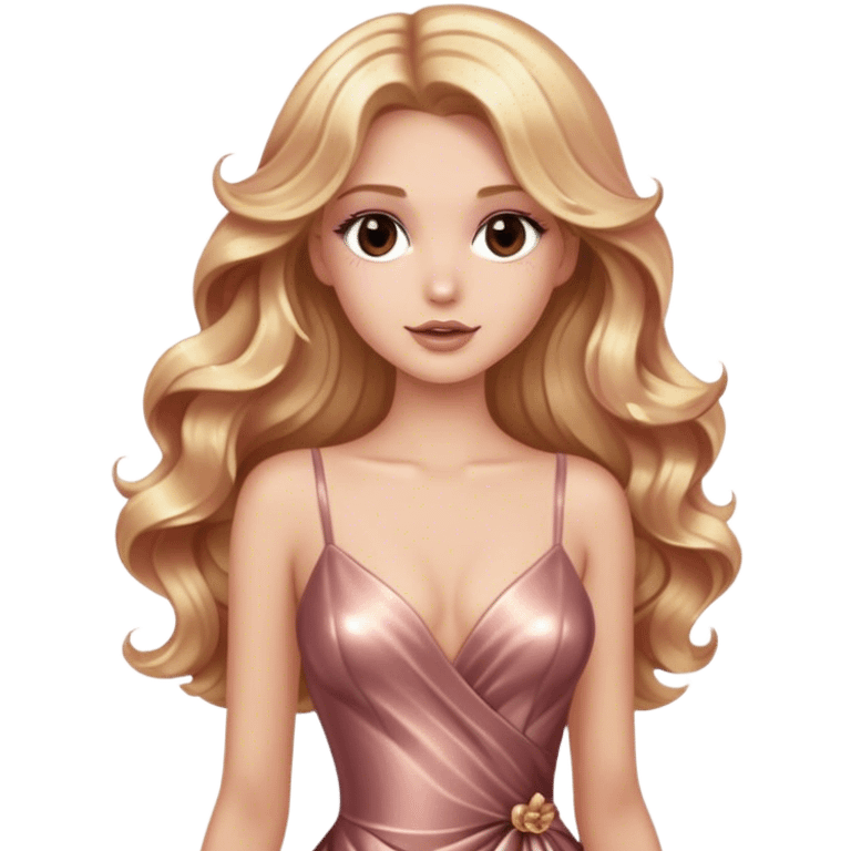 blonde model, brown eyes, long wavy hair, glamorous metallic rose gold gown emoji