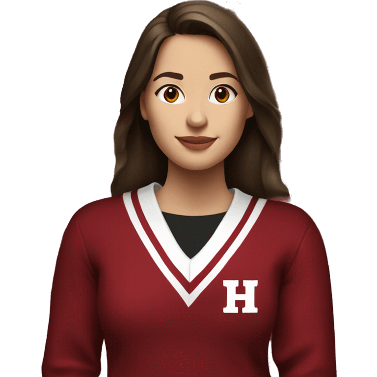 A brunette girl wearing a crimson and white sweater with the  black crimson and white Harvard university logo on it emoji