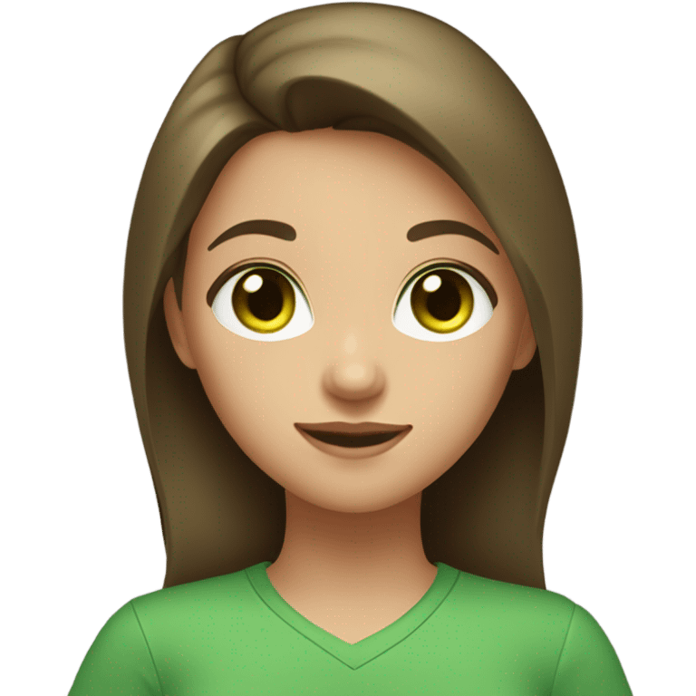 A girl with brown hair green eyes green shirt with green heart emoji