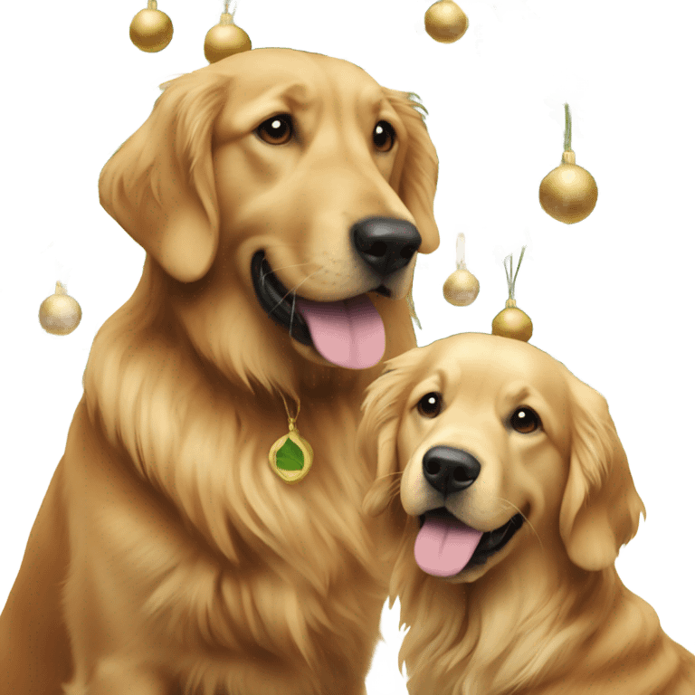 Two men and golden retriever next to Christmas tree emoji