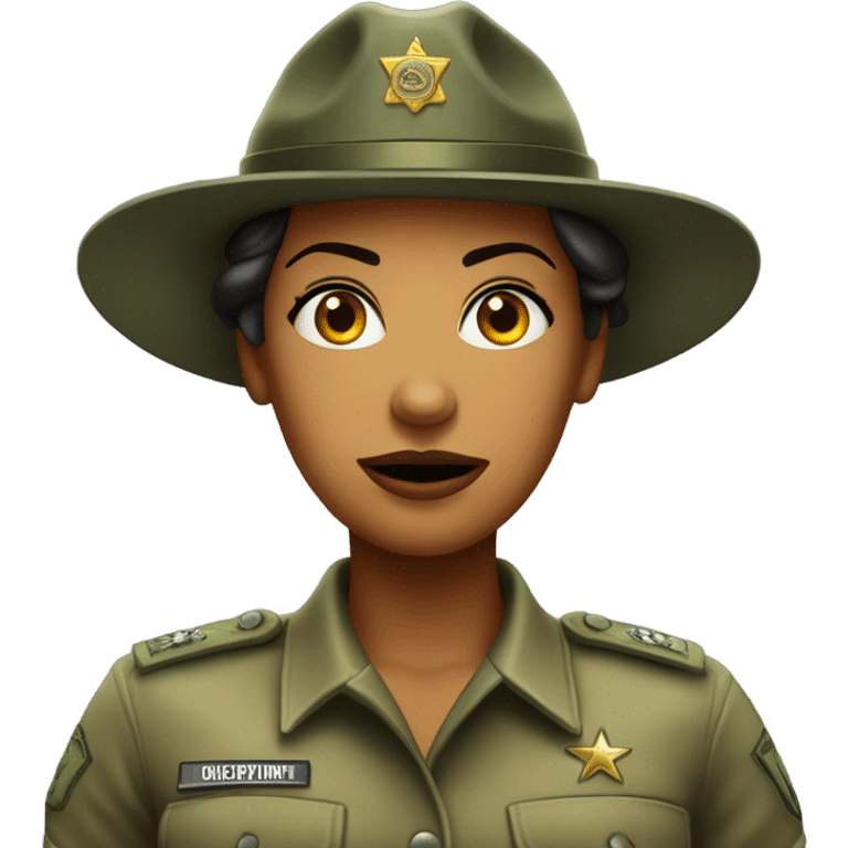 a female drill sergeant character wearing a classic sergeant hat and a camouflage army shirt. The character should have an angry intense expression. full torso emoji