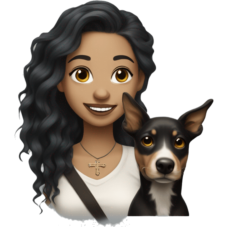 light skin woman with a face tattoo of a small cross near her eye and long wavy black hair expressing joy alongide a white and brown miniature kelpie emoji