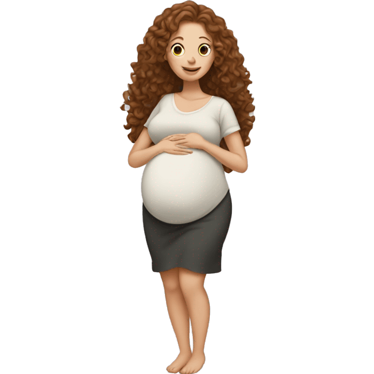 Pregnant white lady with long, brown, curly hair holding her belly emoji