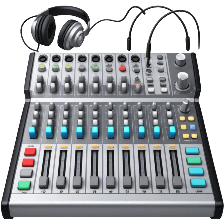 Create a professional and technical emoji that represents sound engineering. The design should feature a sound mixing console with faders, a pair of studio headphones, and audio waveforms to symbolize the precision and technicality of sound mixing and mastering. Include elements like a microphone or audio cables to reflect the recording aspect. Use colors like silver, black, and dark blue to represent the technical, yet artistic side of sound engineering. The background should be transparent. emoji