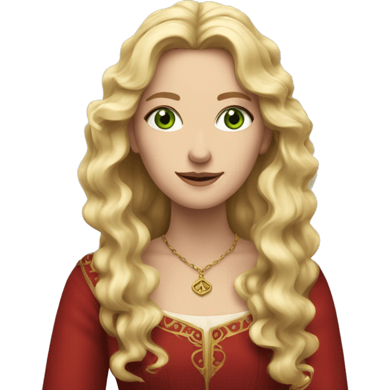 Woman with wavy blonde hair, green eyes, red medieval dress emoji