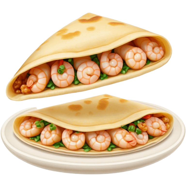 Bánh Xèo Cinematic Realistic Bánh Xèo Dish Emoji, depicted as a crispy, folded semi circle crepe filled with tiny shrimp and pork, rendered with dynamic textures and vibrant, appetizing lighting. emoji