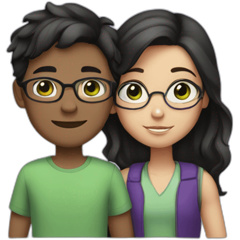 boy and girl hugging each other. the boy is white with green eyes, has black wavy hair and wearing glasses. the girl has brown eyes, and medium-short straight hair dyed in purple, no glasses. emoji