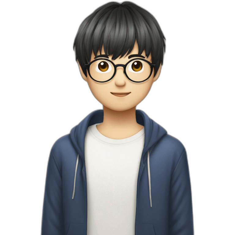 volumy bowlcut hair japaneseboy with glasses emoji