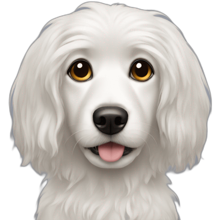 a small white dog with long hair and dark nose emoji