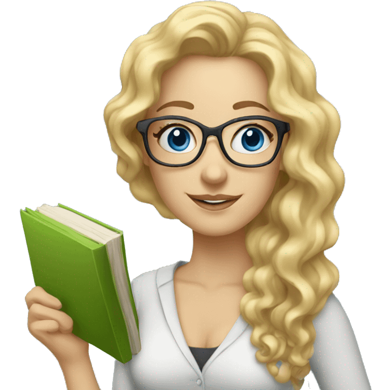 Woman teacher blonde long curly hair glasses blue eyes with book emoji