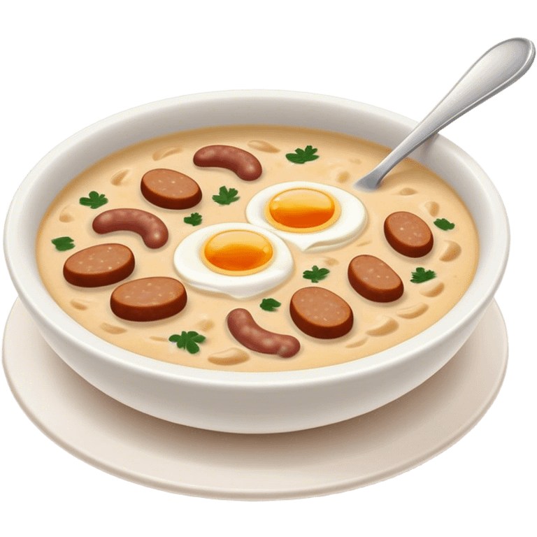 Cinematic Realistic ≈ªurek Soup Dish Emoji, depicted as a tangy, creamy rye soup with sausage and egg rendered with detailed textures and warm, comforting lighting. emoji